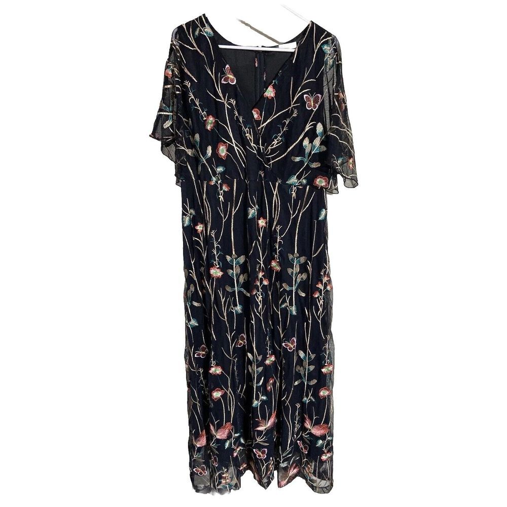 Kiyonna Gown Embroidered Elegance Style 2X Flutter Sleeves Back Zipper Slimming